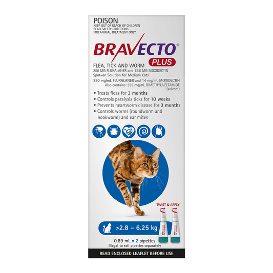 Bravecto Cat Plus 250 Mg 2.8-6.25Kg Blue (2Pk)