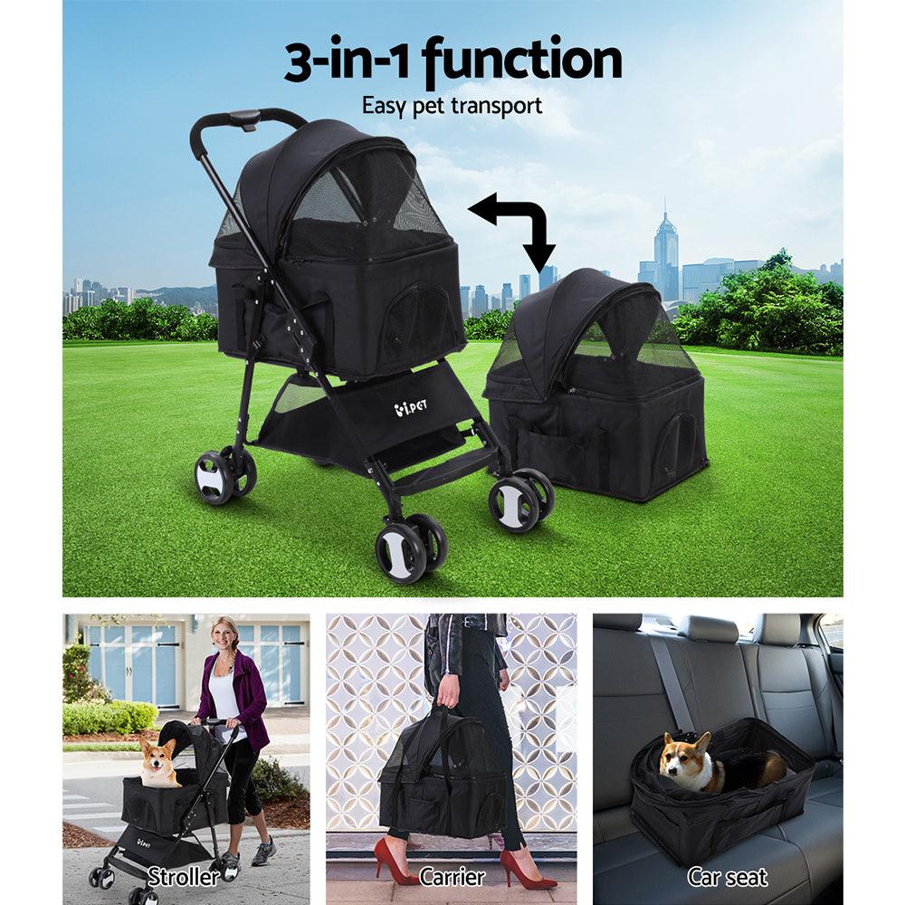 i.Pet Pet Stroller Dog Pram Cat Carrier Travel Large Pushchair Foldable 4 Wheels Black - Pet Parlour Australia