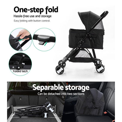 i.Pet Pet Stroller Dog Pram Cat Carrier Travel Large Pushchair Foldable 4 Wheels Black - Pet Parlour Australia