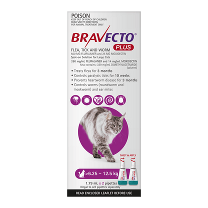 Bravecto Cat Plus 500 Mg 6.25 - 12.5Kg Purple (2Pk)