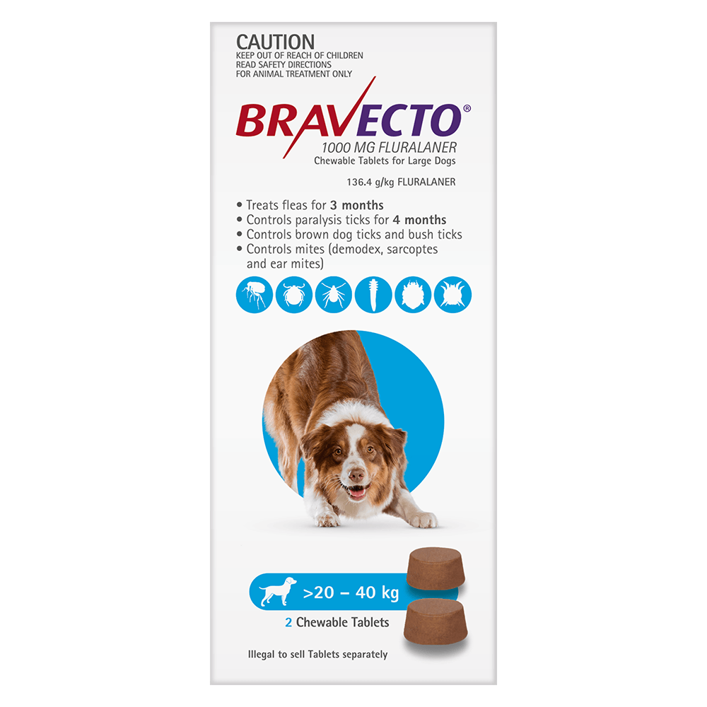 Bravecto Large Dog Blue 1000Mg >20-40Kg (2Pk)