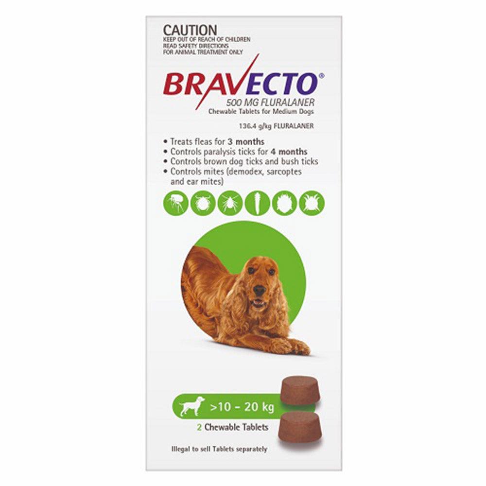 Bravecto Medium Green Dog 500Mg  >10-20Kg (2Pk)