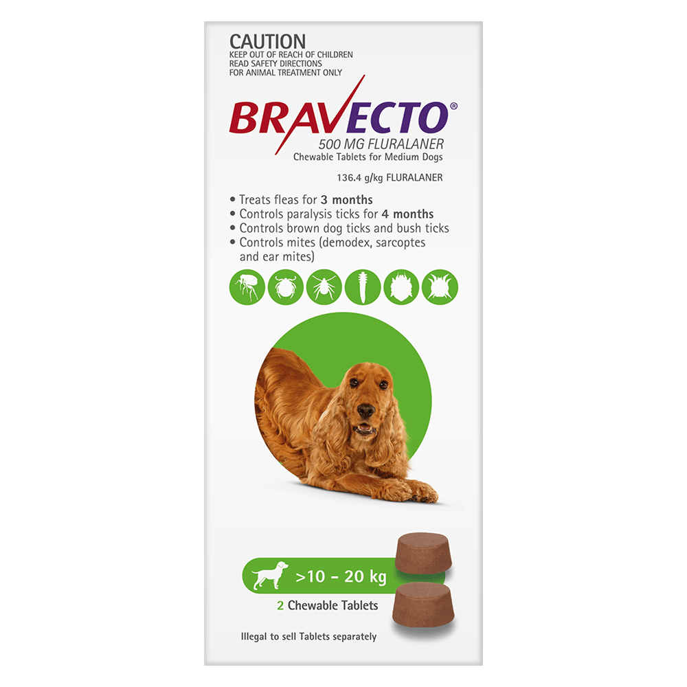 Bravecto Medium Green Dog 500Mg  >10-20Kg (2Pk)