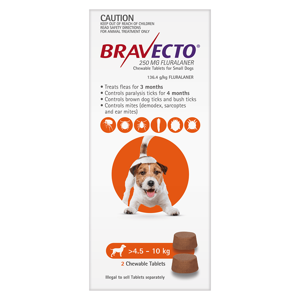 Bravecto Small Dog Orange 250Mg  >4.5-10Kg (2Pk)