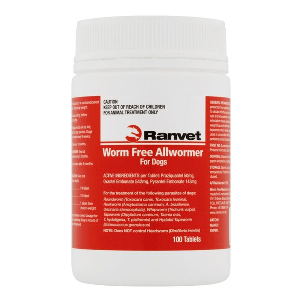 Ranvet Worm Free Allwormer (Red Label) 10Kg Dog 100 Tabs