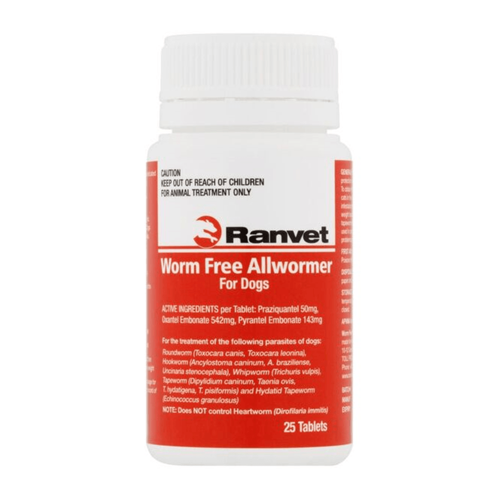 Ranvet Worm Free Allwormer (Red Lable) 10Kg Dog 25 Tabs