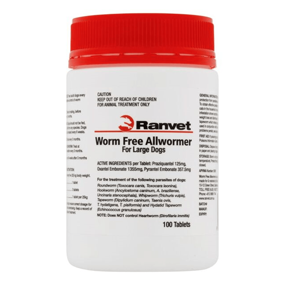 Ranvet Worm Free Allwormer (Whte Lbl) 25Kg Lg Dog 100 Tab