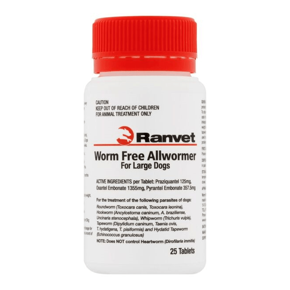 Ranvet Worm Free Allwormer (White Label)25Kg L Dog 25Tabs