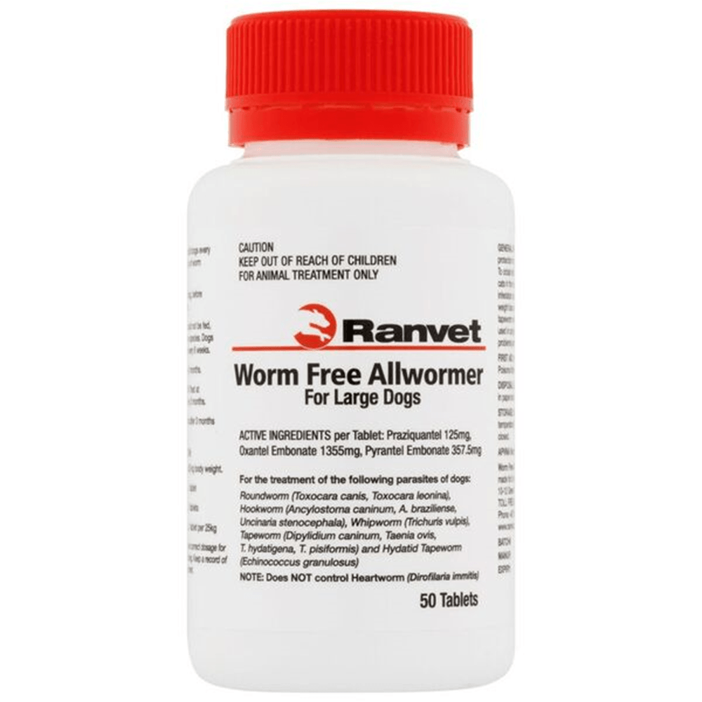 Ranvet Worm Free Allwormer (White Label)25Kg L Dog 50Tabs