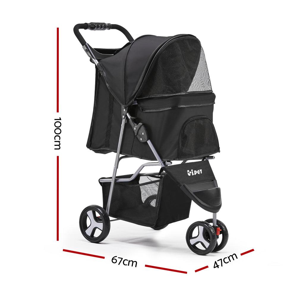 i.Pet 3 Wheel Pet Stroller - Black - Pet Parlour Australia