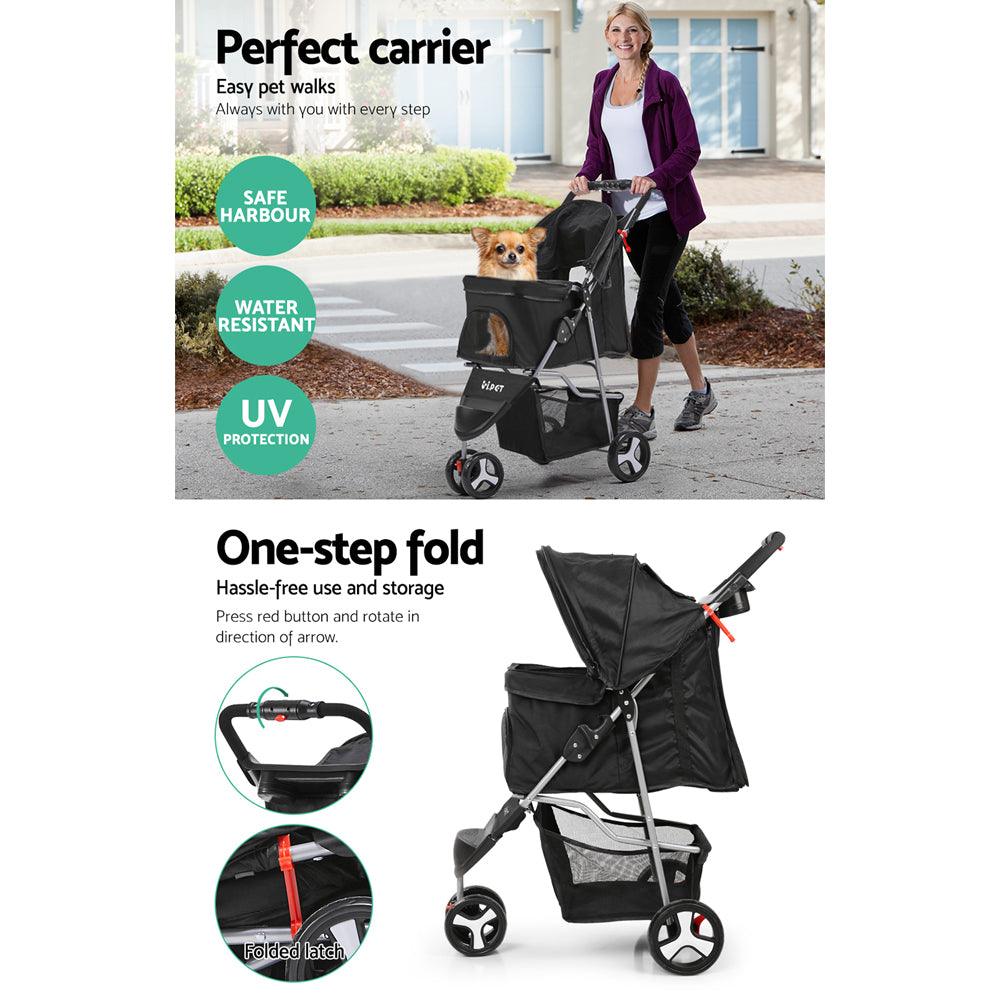 i.Pet 3 Wheel Pet Stroller - Black - Pet Parlour Australia