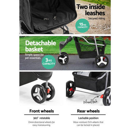 i.Pet 3 Wheel Pet Stroller - Black - Pet Parlour Australia