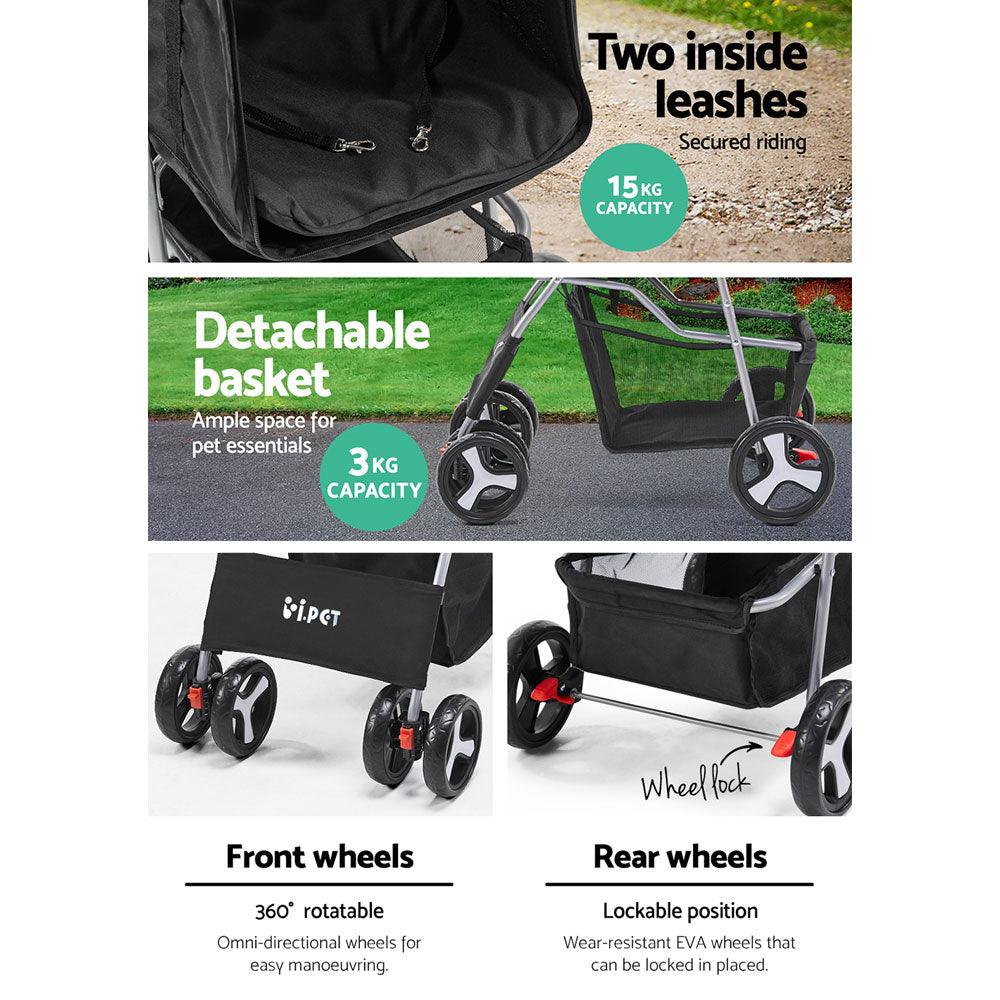 i.Pet 4 Wheel Pet Stroller - Black - Pet Parlour Australia