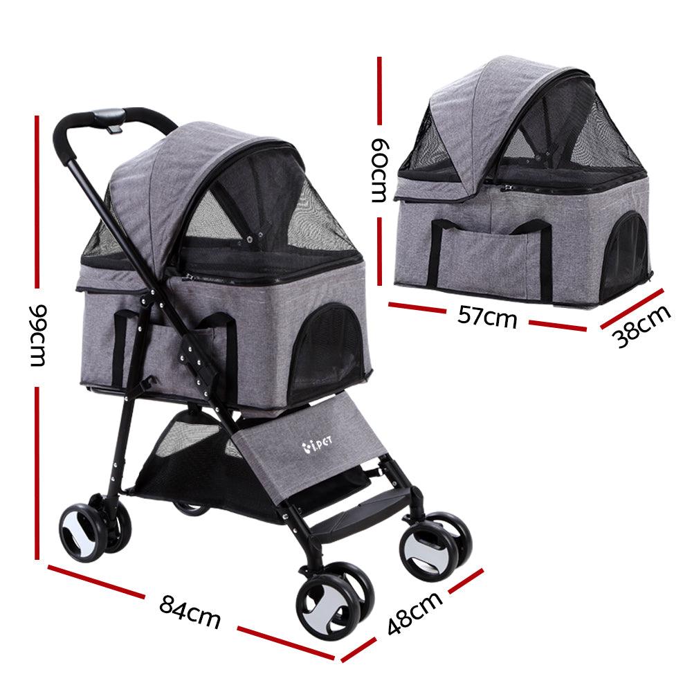 i.Pet Pet Stroller Dog Pram Cat Carrier Travel Large Pushchair Foldable 4 Wheels Grey - Pet Parlour Australia