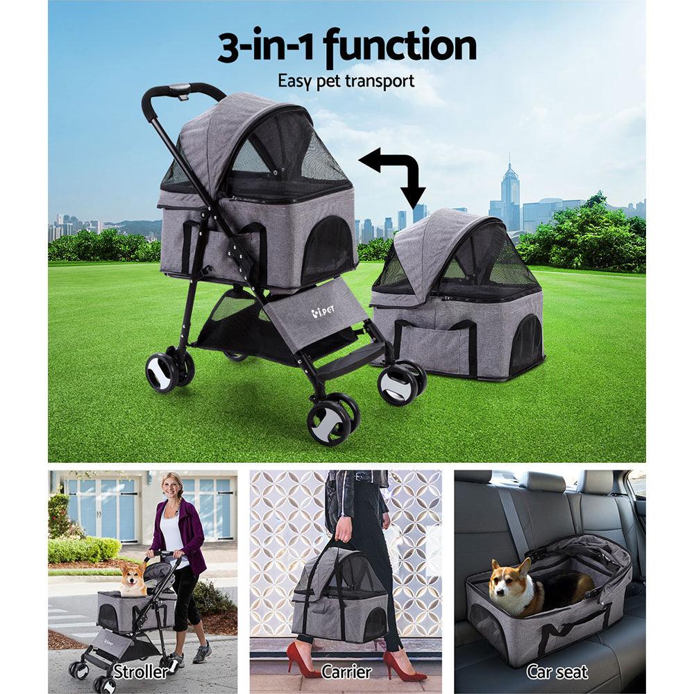 i.Pet Pet Stroller Dog Pram Cat Carrier Travel Large Pushchair Foldable 4 Wheels Grey - Pet Parlour Australia