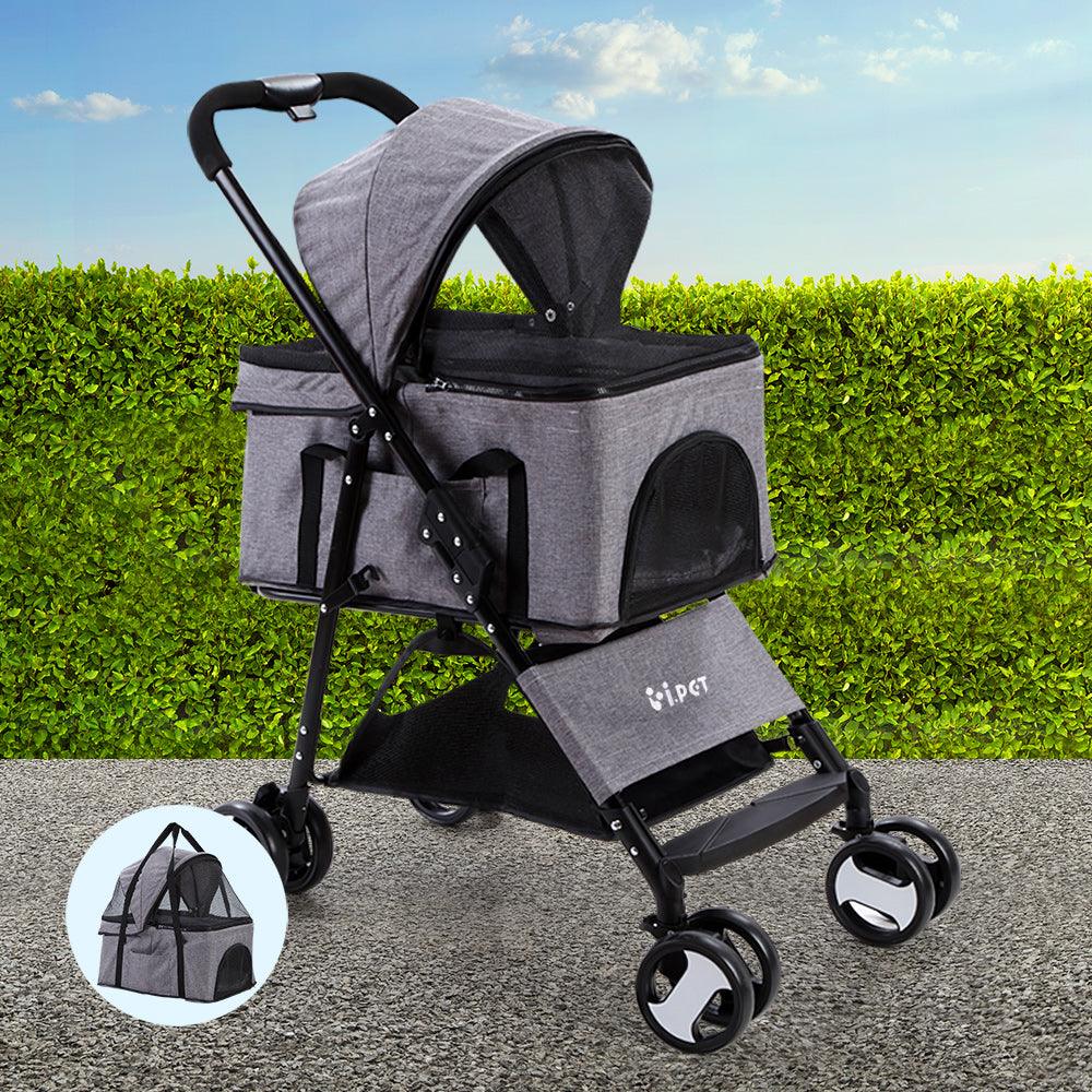 i.Pet Pet Stroller Dog Pram Cat Carrier Travel Large Pushchair Foldable 4 Wheels Grey - Pet Parlour Australia