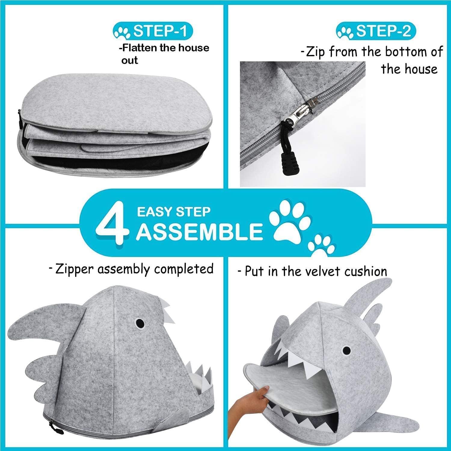 Shark Shape Pet Cave Bed for Cats andSmall Dogs 45 x 45 x 38 cm (Light Grey) - Pet Parlour Australia