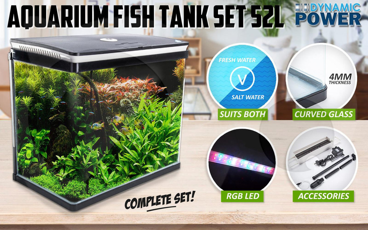 Dynamic Power Aquarium Fish Tank 52L Curved Glass RGB LED - Pet Parlour Australia
