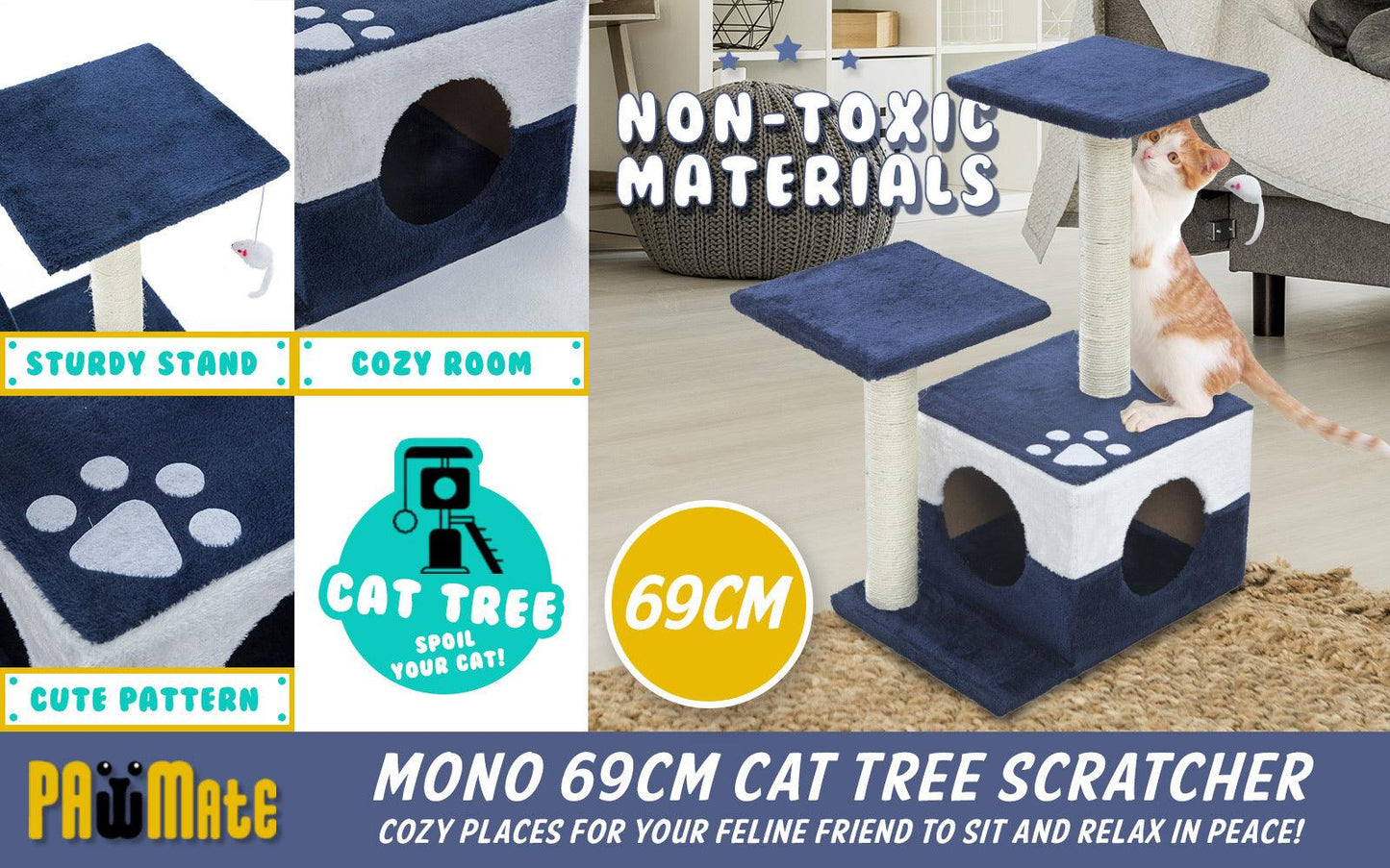 Paw Mate 69cm Blue Cat Tree Mono Multi Level Scratcher - Pet Parlour Australia