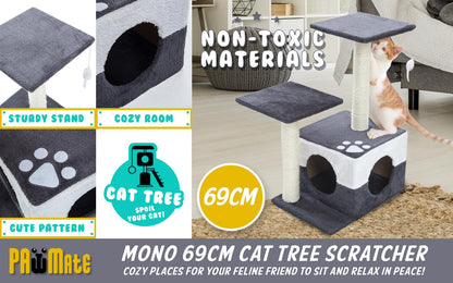 Paw Mate 69cm Grey Cat Tree Mono Multi Level Scratcher - Pet Parlour Australia