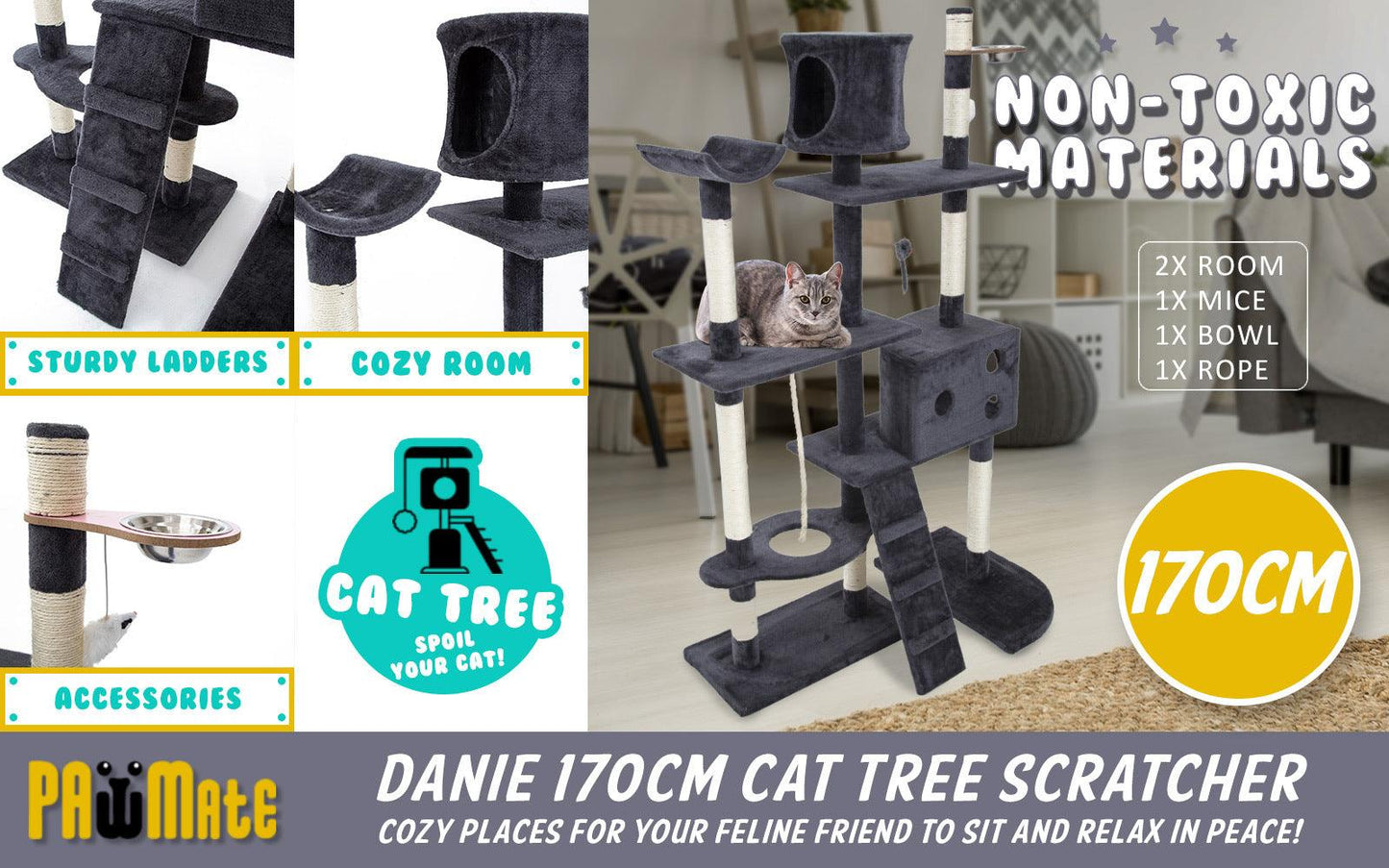 Paw Mate 170cm Grey Cat Tree Danie Multi Level Scratcher - Pet Parlour Australia