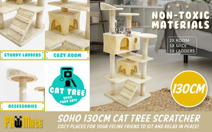 Paw Mate 130cm Beige Cat Tree Soho Multi Level Scratcher - Pet Parlour Australia