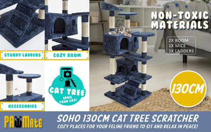 Paw Mate 130cm Blue Cat Tree Soho Multi Level Scratcher - Pet Parlour Australia