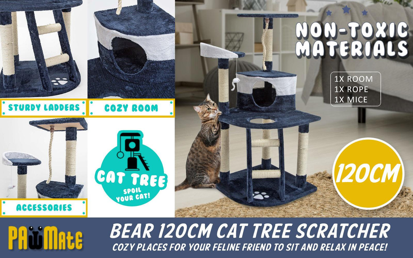 Paw Mate 120cm Blue Cat Tree Bear Multi Level Scratcher - Pet Parlour Australia