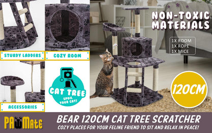 Paw Mate 120cm Grey Cat Tree Bear Multi Level Scratcher - Pet Parlour Australia