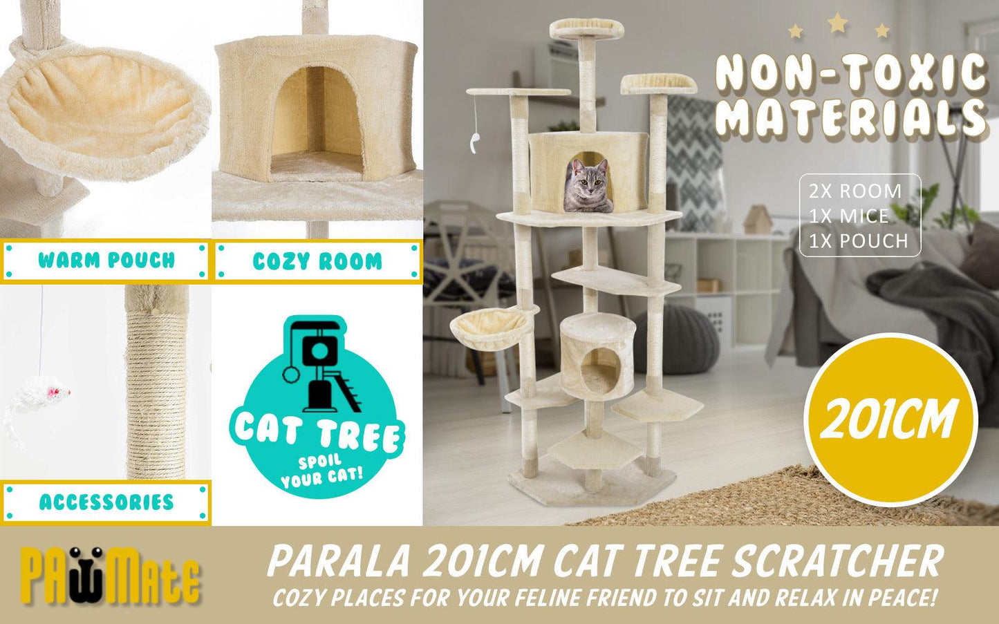 Paw Mate 201cm Beige Cat Tree Parala Multi Level Scratcher - Pet Parlour Australia