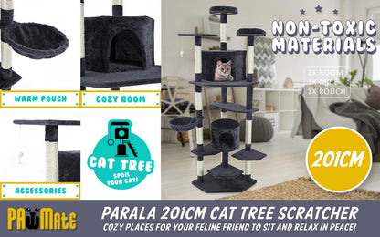 Paw Mate 201cm Grey Cat Tree Parala Multi Level Scratcher - Pet Parlour Australia