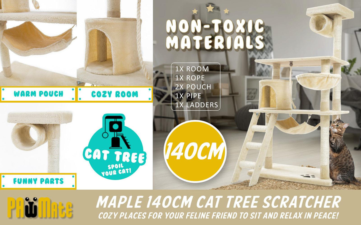 Paw Mate 140cm Beige Cat Tree Maple Multi Level Scratcher - Pet Parlour Australia