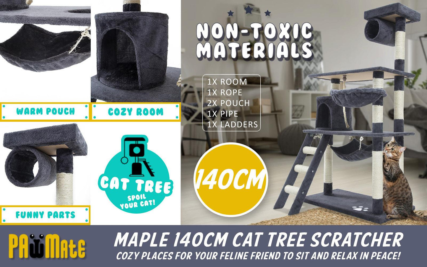 Paw Mate 140cm Grey Cat Tree Maple Multi Level Scratcher - Pet Parlour Australia