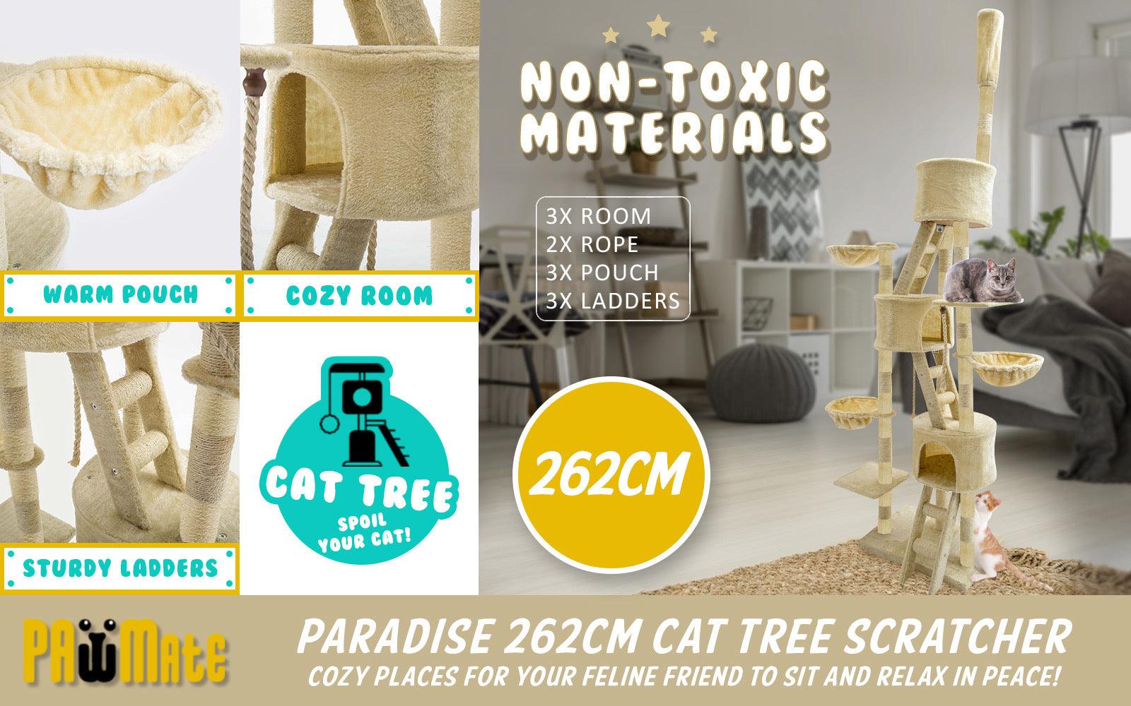 Paw Mate 262cm Beige Cat Tree Paradise Multi Level Scratcher - Pet Parlour Australia