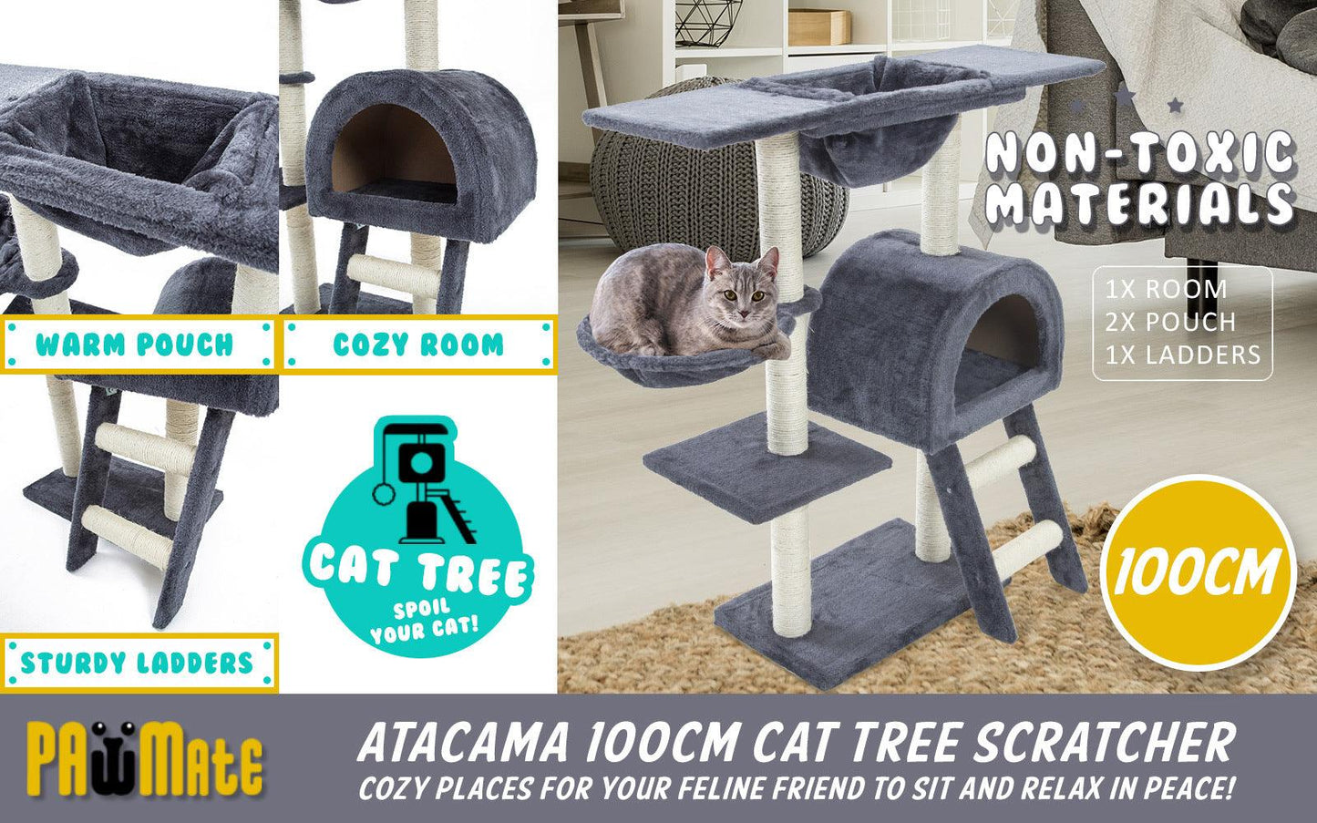 Paw Mate 100cm Grey Cat Tree Atacama Multi Level Scratcher - Pet Parlour Australia