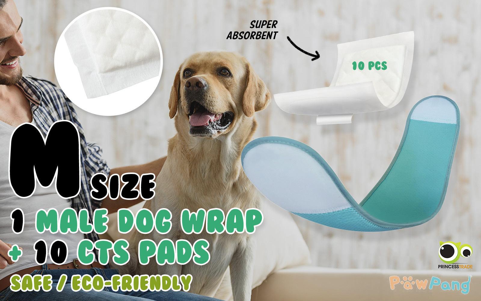 PawPang M Dog Wrap Reusable Male + 10 Ct M Diaper Booster Pads Disposable - Pet Parlour Australia