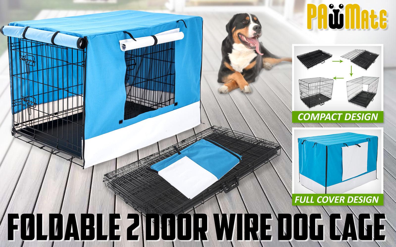 Paw Mate Wire Dog Cage Foldable Crate Kennel 24in with Tray + Blue Cover Combo - Pet Parlour Australia