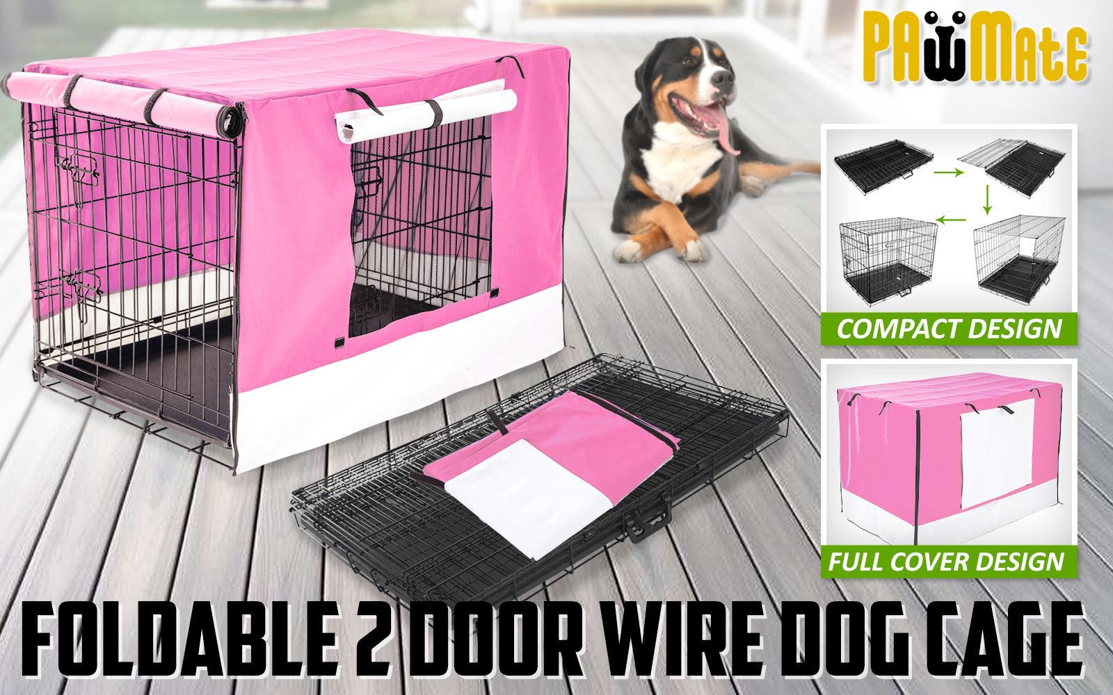 Paw Mate Wire Dog Cage Foldable Crate Kennel 24in with Tray + Pink Cover Combo - Pet Parlour Australia