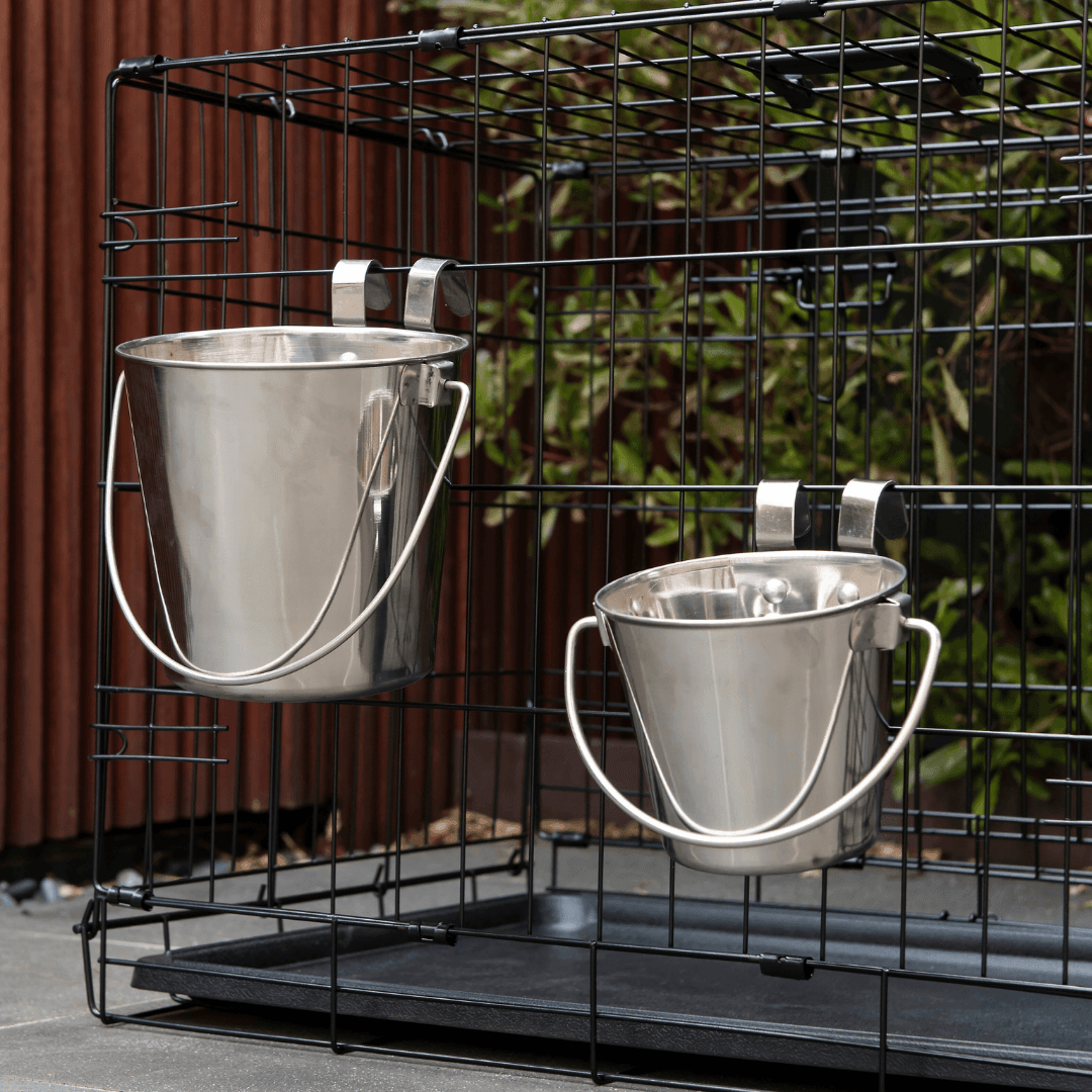 2 x 1.9L Stainless Steel Pet Parrot Feeder Dog Cat Bowl Water Bowls Flat Sided Bucket with Riveted Hooks - Pet Parlour Australia