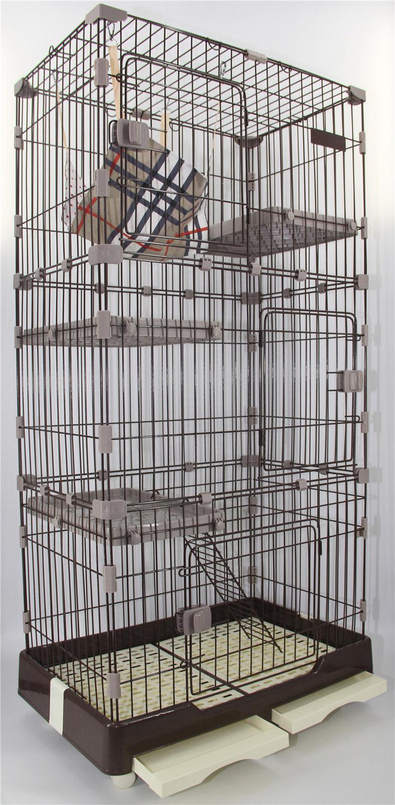 146 cm Brown Pet 4 Level Cat Cage House With Litter Tray & Wheel 72x47x146 cm - Pet Parlour Australia