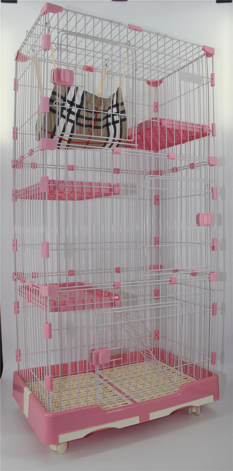 146 cm Pink Pet 4 Level Cat Cage House With Litter Tray & Wheel 72x47x146 cm - Pet Parlour Australia