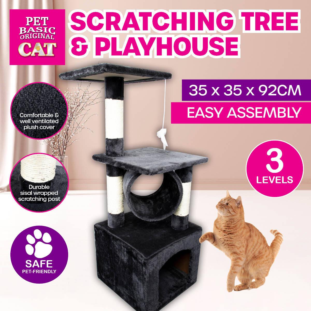 Pet Basic 3 Level Cat Scratch Tree &amp; Playhouse Fun Climb Rest 92 x 35cm - Pet Parlour Australia