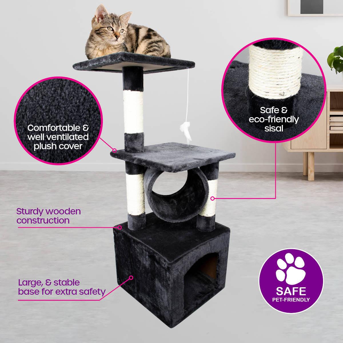 Pet Basic 3 Level Cat Scratch Tree &amp; Playhouse Fun Climb Rest 92 x 35cm - Pet Parlour Australia