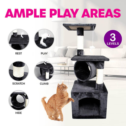 Pet Basic 3 Level Cat Scratch Tree &amp; Playhouse Fun Climb Rest 92 x 35cm - Pet Parlour Australia
