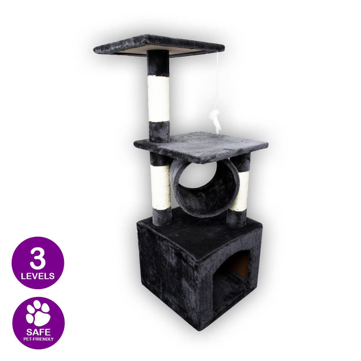 Pet Basic 3 Level Cat Scratch Tree &amp; Playhouse Fun Climb Rest 92 x 35cm - Pet Parlour Australia