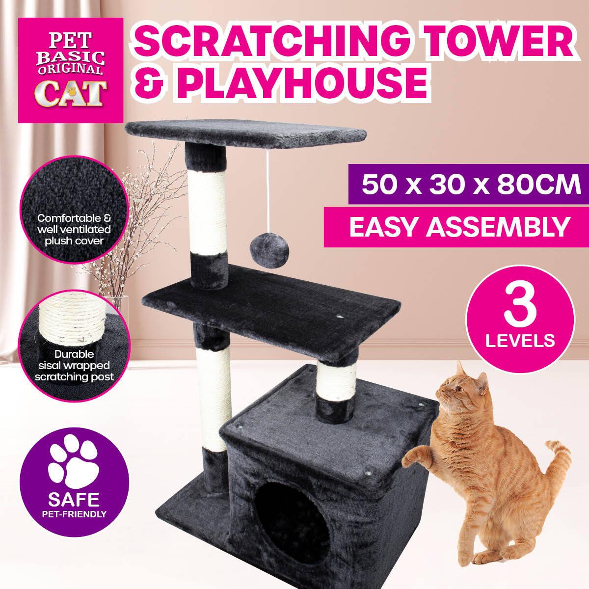 Pet Basic 3 Level Cat Scratching Tower &amp; Playhouse Scratch 80 x 40 x 50cm - Pet Parlour Australia