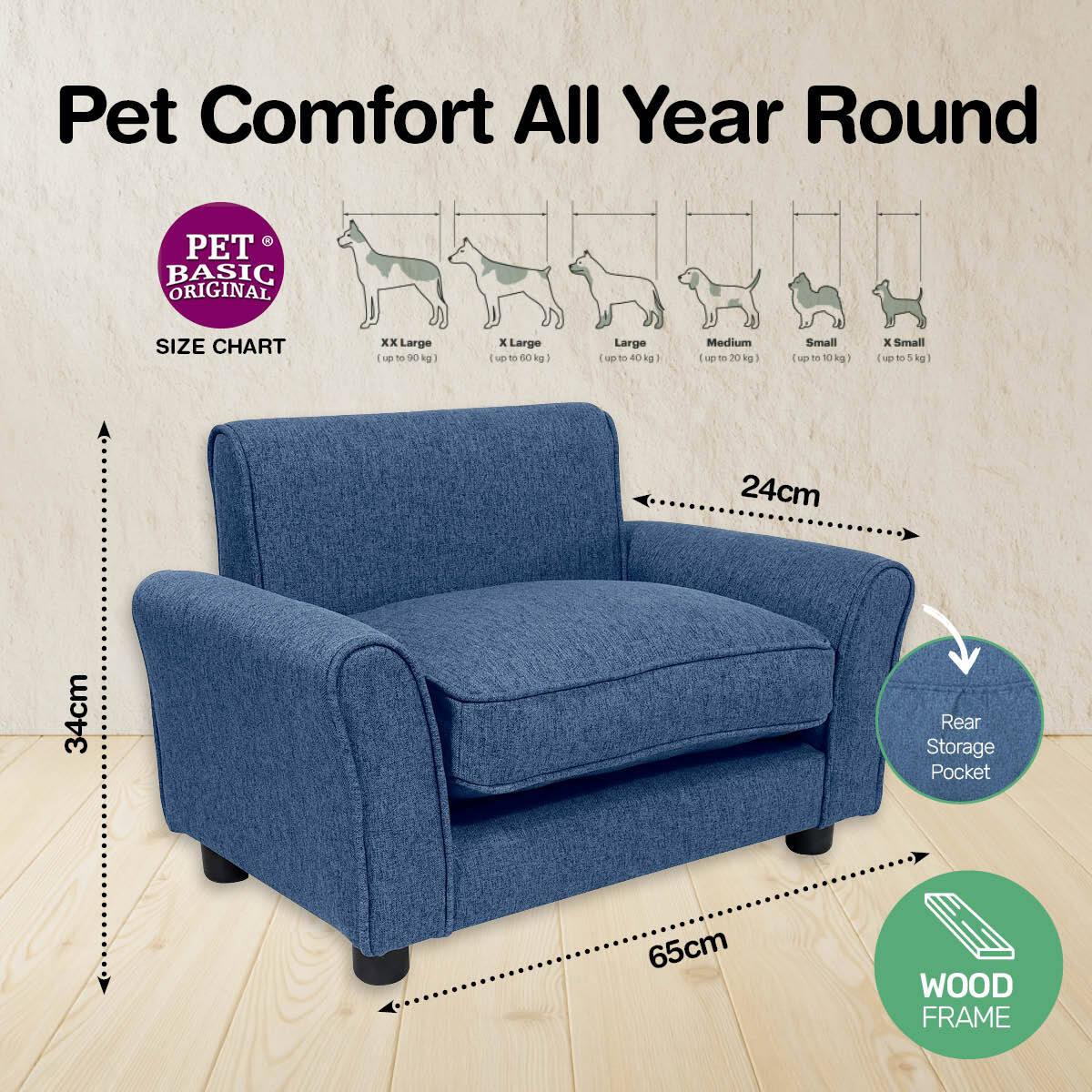 Pet Basic Pet Chair Bed Stylish Luxurious Sturdy Washable Fabric Blue 65cm - Pet Parlour Australia